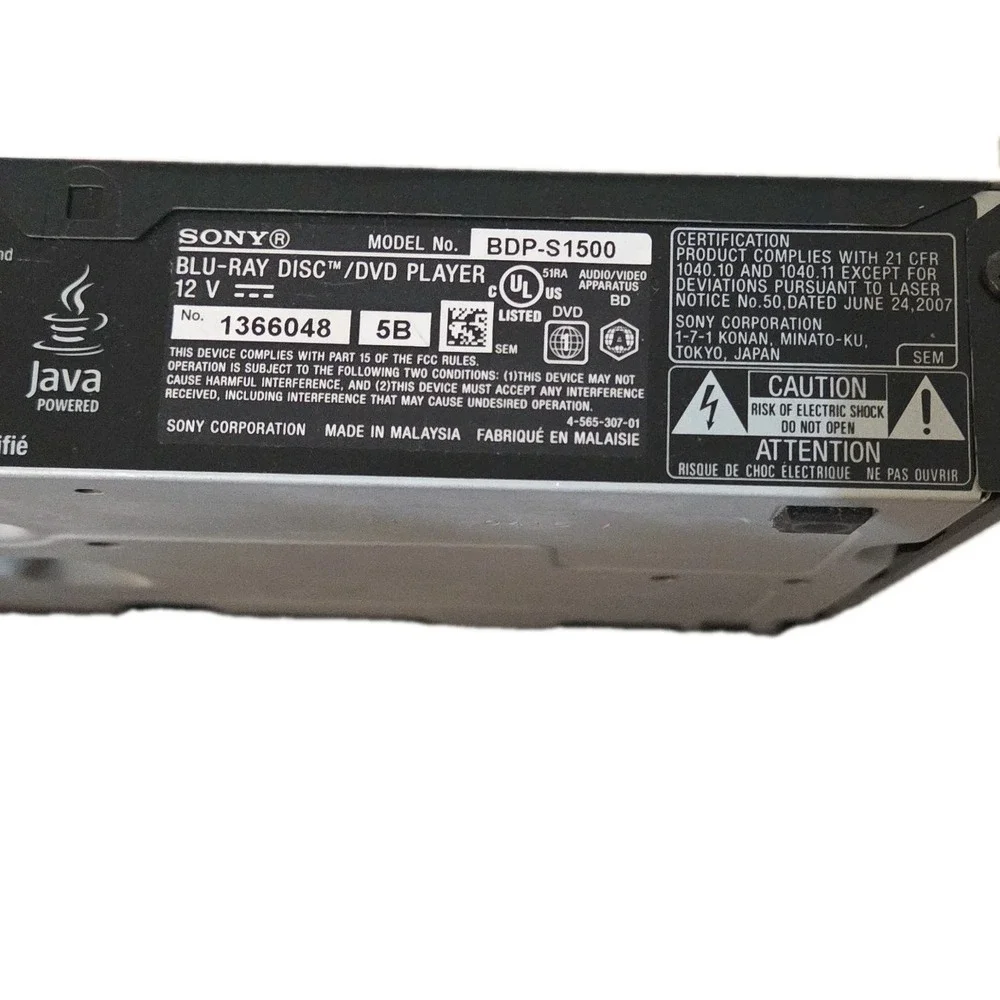 Sony BDP-S1500 Blu-Ray Disc/DVD Player W/Built-In Wi-Fi